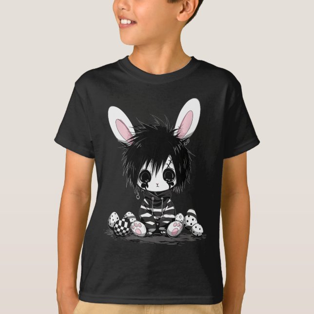 T-shirt Lapin de Pâques noir goth emo k-pop garçon fille a (Devant)