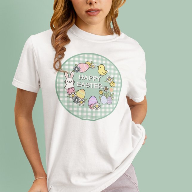 T-shirt Lapin de Pâques Œufs Gingham Vert Joyeuses Pâques (Créateur téléchargé)