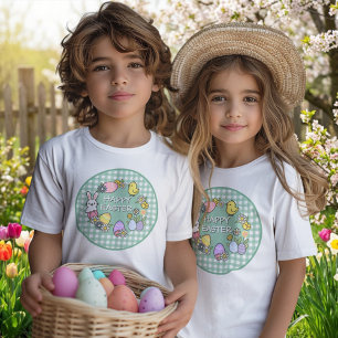 T-shirt Lapin de Pâques Œufs Gingham Vert Joyeuses Pâques