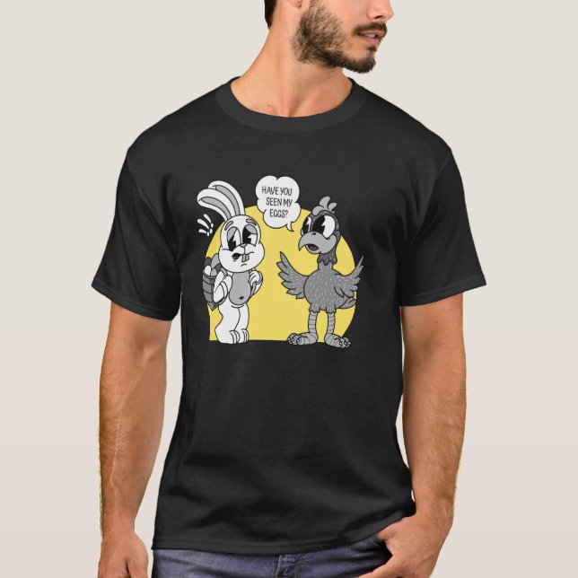 T-shirt Lapin demandant à un poulet à propos des œufs (Devant)