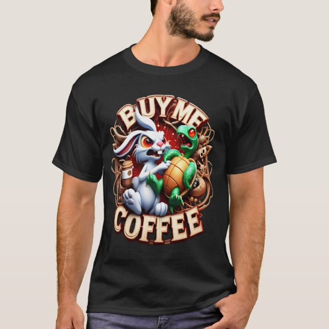 T-shirt Lapin et tortue avec café Coupe Achetez-moi un caf (Devant)