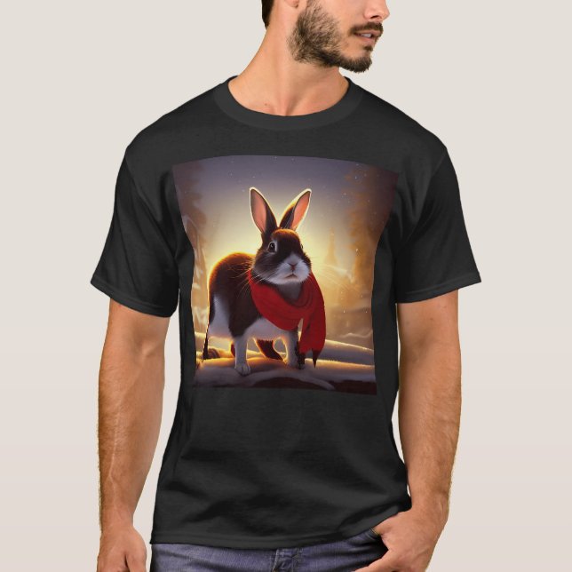 T-shirt Lapin Portant Une Écharpe Rouge Pour Noël (Devant)