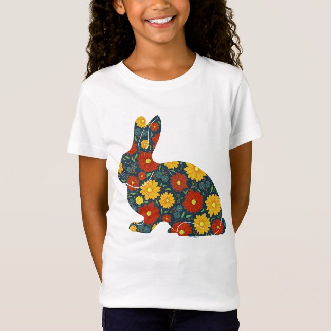 T-Shirt Lapin rétro aux fleurs orange et jaune (Devant)