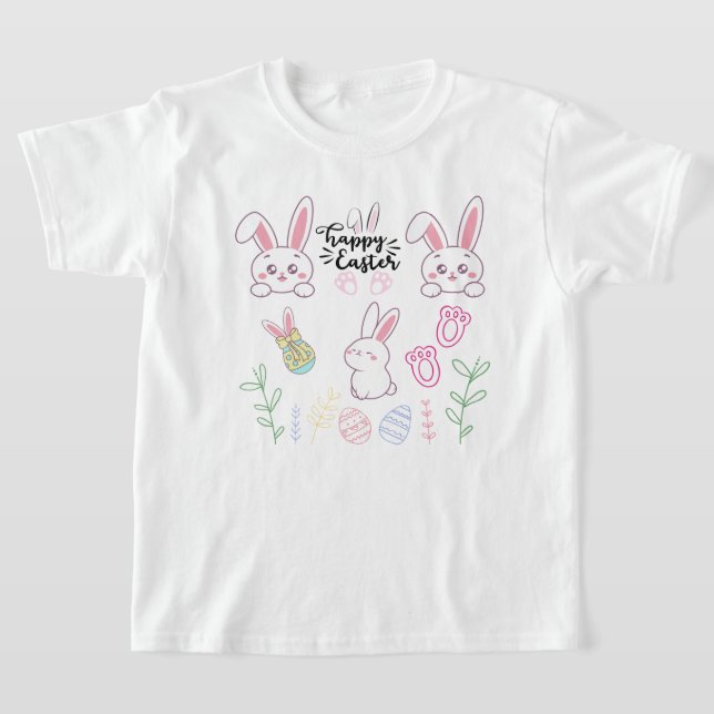 T-shirt lapin rose et blanc "Joyeux Pâques" (Poser)