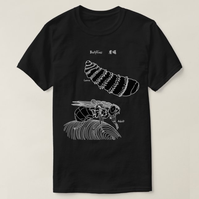 T-shirt larve de botfly et noir adulte (Design devant)