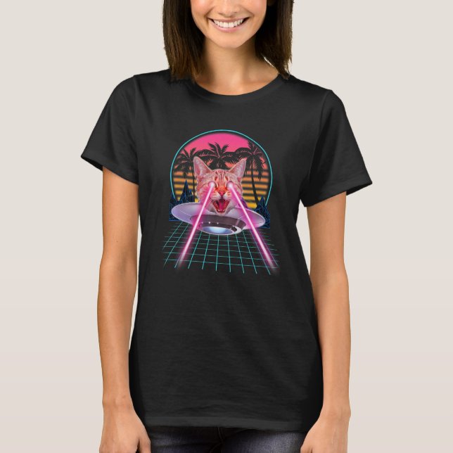 T-shirt Laser Cat Eyes Kitten UFO Retro 80s Chats (Devant)