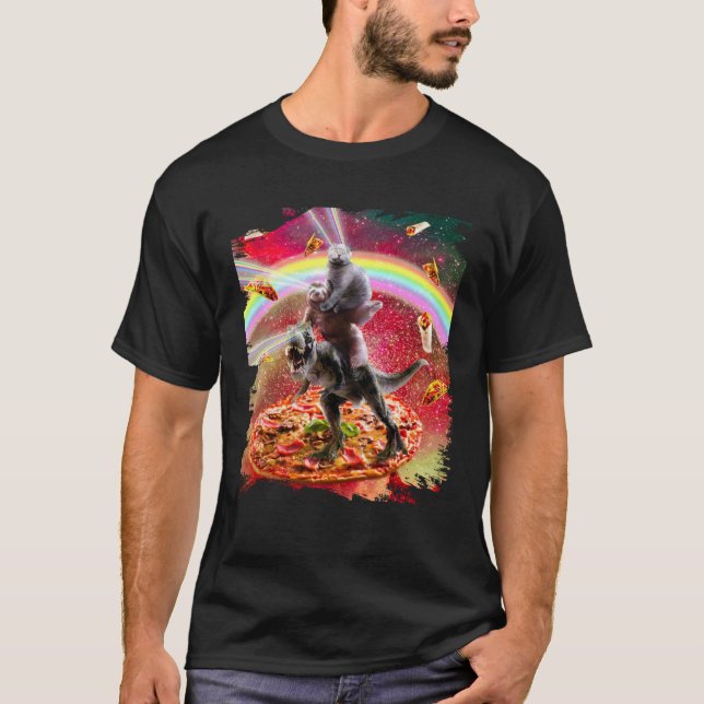 T-shirt Laser Eyes Space Cat On Sloth Dinosaur  Rainbow (Devant)