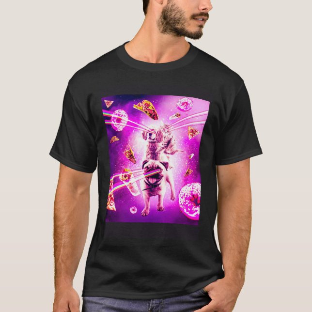 T-shirt Laser Eyes Space Cat Riding Dog Pug  Rainbow (Devant)