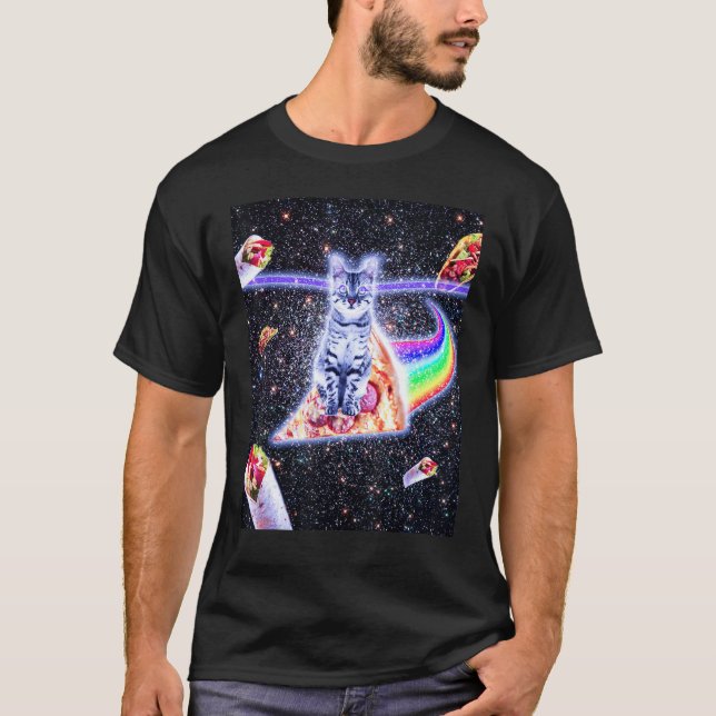 T-shirt Laser Eyes Space Cat Riding Rainbow Pizza (Devant)