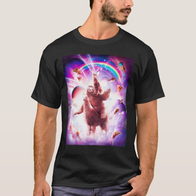 T-shirt Laser Eyes Space Cat Riding Sloth Blade Rainbow (Devant)