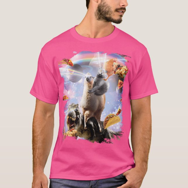 T-shirt Laser Yeux Space Chicken Chat Llama Dinosaur (Devant)