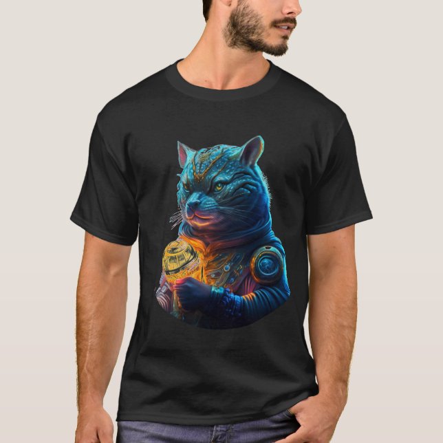 T-shirt L'astronaute de chats Blue Space tient le module l (Devant)