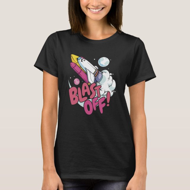 T-shirt L'astronaute de l'espace s'élance contre une fusée (Devant)