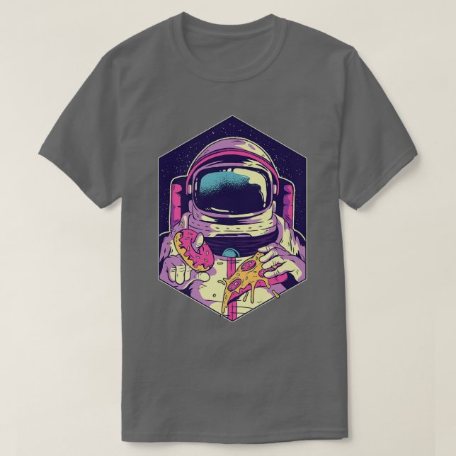 T-shirt L'astronaute mangeant de la beigne et de la pizza  (Design devant)