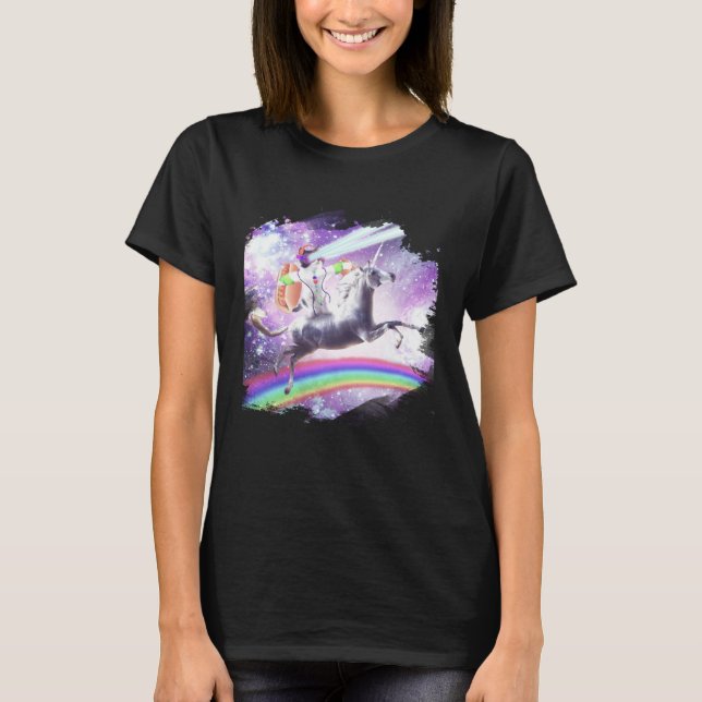 T-shirt Lazer Rave Space Cat Riding Unicorn With Hotdog (Devant)