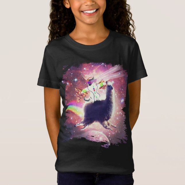 T-Shirt Lazer Rave Space Chat Riding Llama Avec Pizza (Devant)