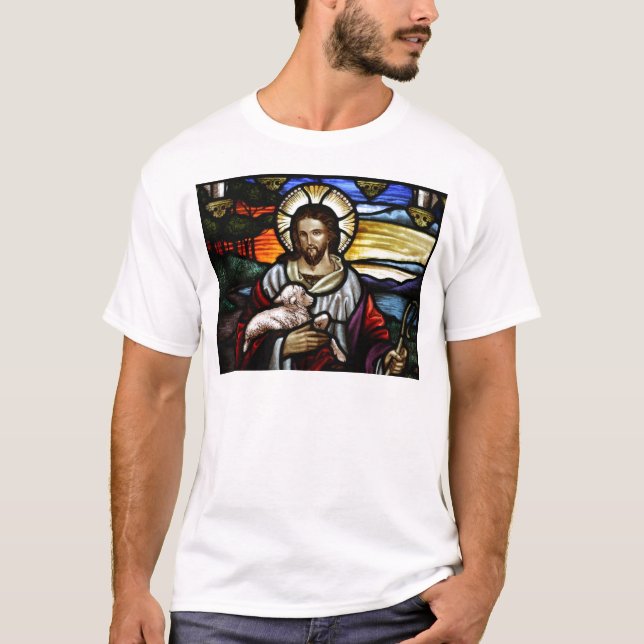 T-shirt Le Bon Pasteur; Jésus sur le vitrail (Devant)