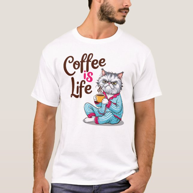 T-shirt Le café c'est la vie avec la chemise de chat grump (Devant)
