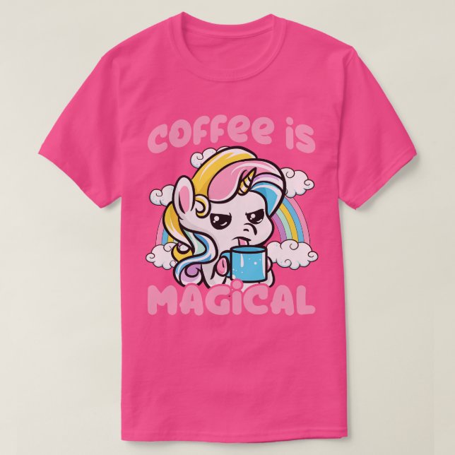 T-shirt Le café est la caféine magique Unicorne (Design devant)