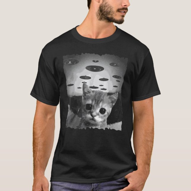 T-shirt le chat Cat selfie avec Alien UFO noir et blanc (Devant)