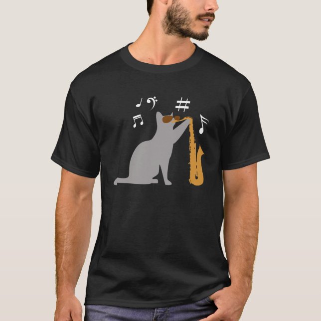 T-shirt Le chat cool joue du saxophone saxophone (Devant)