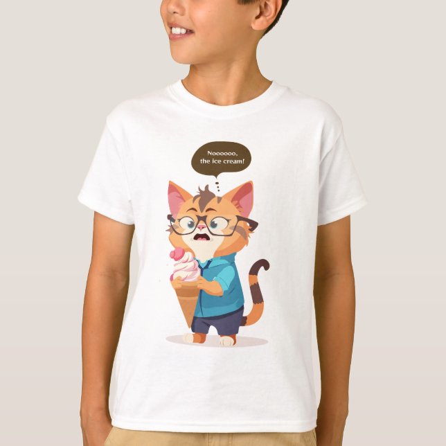 T-shirt Le chat est choqué quand sa crème glacée tombe. T- (Devant)