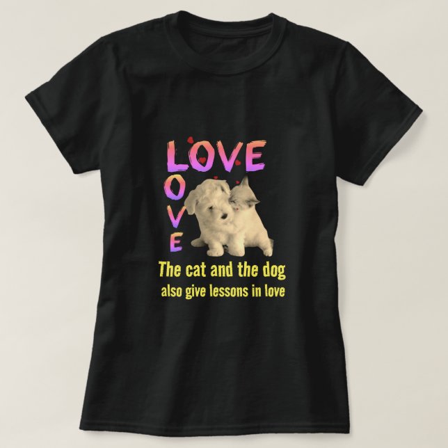 T-shirt Le chat et le chien leçon d'amour (Design devant)