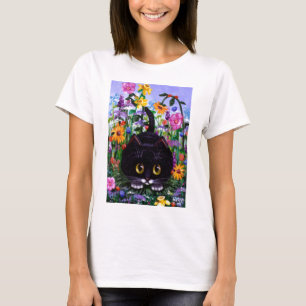 T-shirt Le chat floral de smoking de noir d'art fleurit