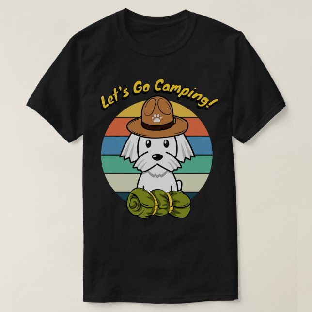 T-shirt Le chien blanc mignon veut aller camper (Design devant)
