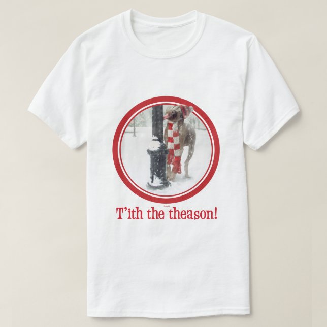 T-shirt Le chien drôle de Noël lèche Polonais (Design devant)