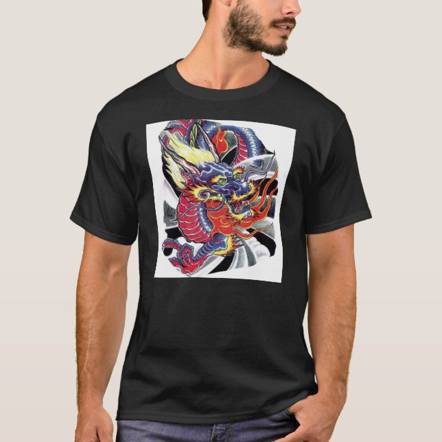 T-shirt Le Dragon Bleu - Design Japonais Du Tatouage (Devant)