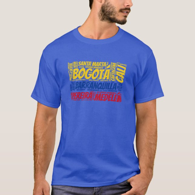T-shirt Le drapeau de la Colombie avec des noms de ville,  (Devant)