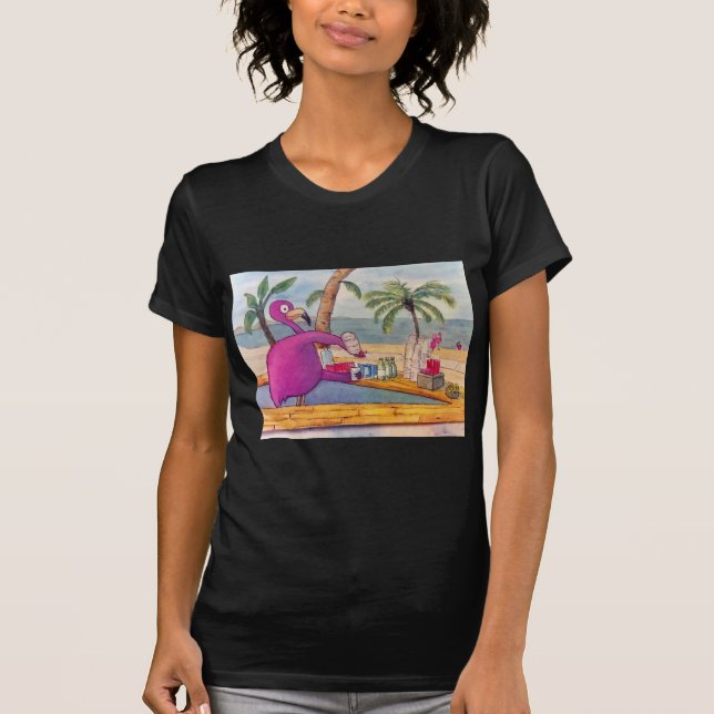 T-shirt Le Flamant rose rose lunatique verse la plage de (Devant)