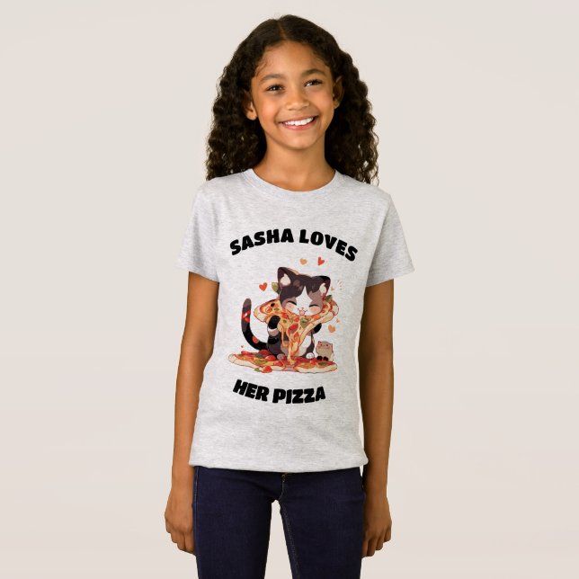 T-Shirt Le nom de votre enfant...Aime Pizza Cute Cat (Devant entier)