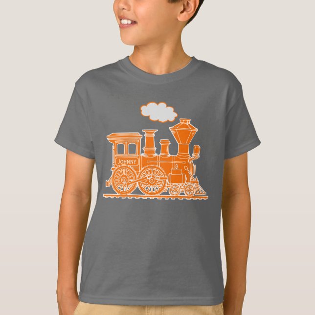 T-shirt Le nom fait sur commande de vapeur de train orange (Devant)