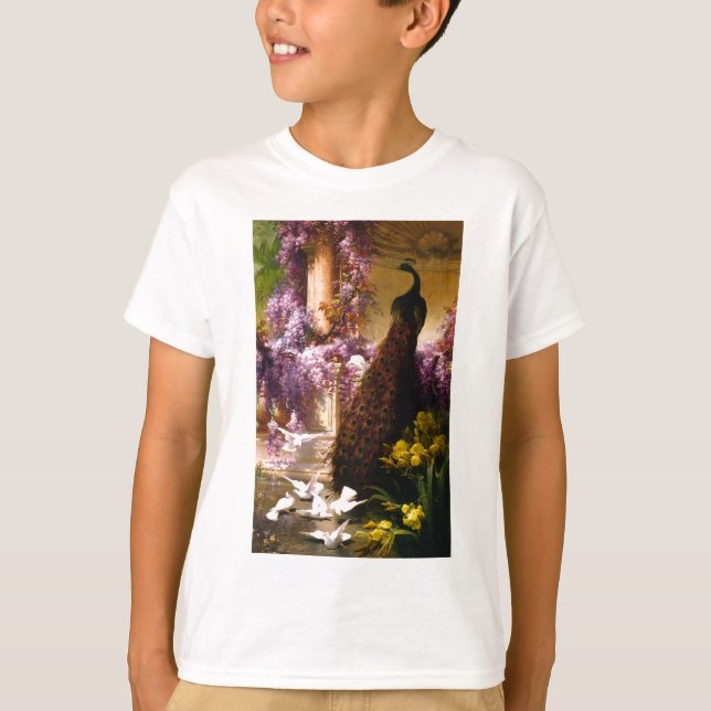 T-shirt Le paon et les colombes dans un jardin (Devant)