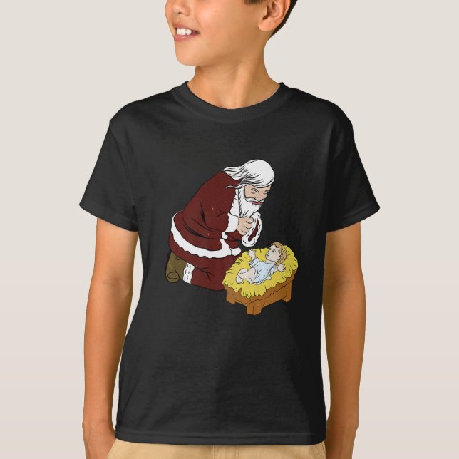T-shirt Le Père Noël enflammé par le bébé Jésus T-Noël (Devant)