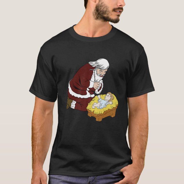 T-shirt Le Père Noël enflammé par le bébé Jésus T-Noël (Devant)
