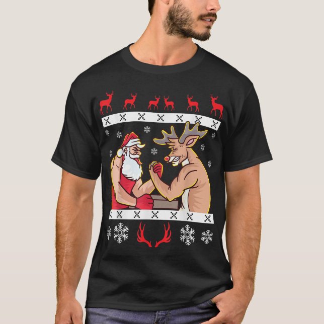 T-shirt Le Père Noël Et Le Bras De Reindeer Luttent Laid C (Devant)