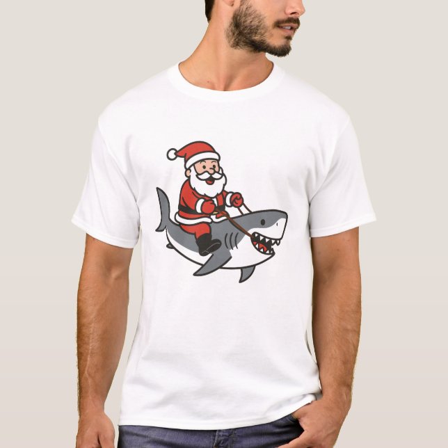 T-shirt Le Père Noël mignon chevauchant un requin Noël drô (Devant)