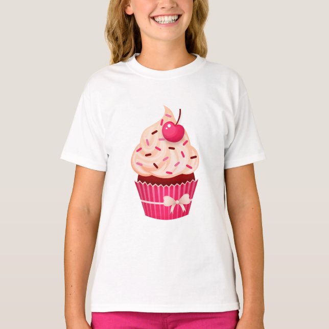 T-shirt Le petit gâteau rose Girly avec arrose et cerise (Devant)