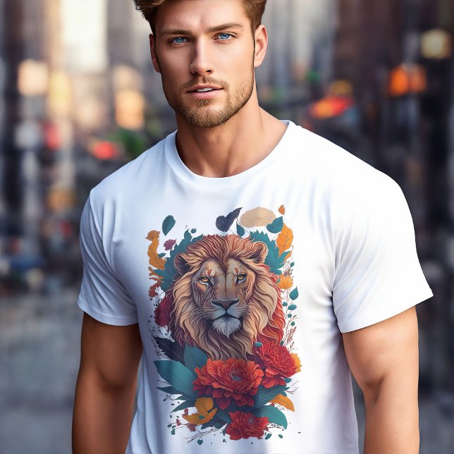 T-shirt Le Roi du Paradis : avec un lion et des fleurs (Lion Floral T Shirt)