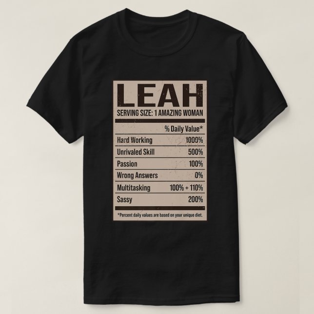 T-shirt Leah Nutrition Facts Nom Pseudo Alias Titre Fri (Design devant)