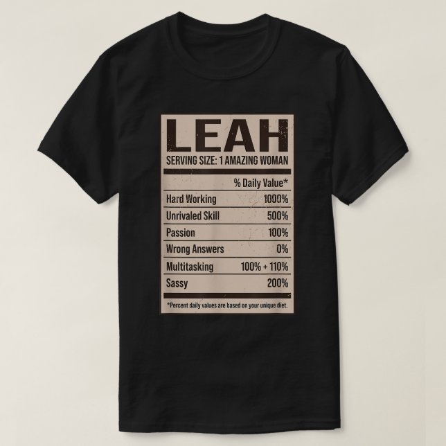 T-shirt Leah Nutrition Facts Nom Pseudo Alias Titre Fri (Design devant)