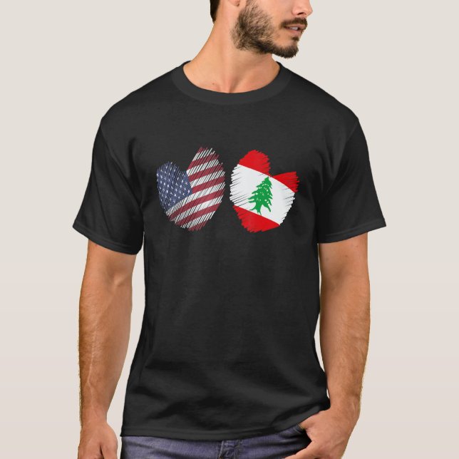 T-shirt Lebanon USA Heart American Flag Lebanese Flag Love (Devant)