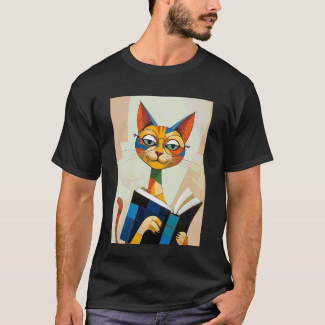 T-shirt Lecteur de chat cubiste Art boho bookish (Devant)