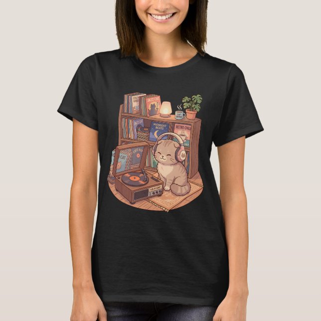 T-shirt Lecteur de disques vinyle DJ Scottish Fold Lo-Fi (Devant)