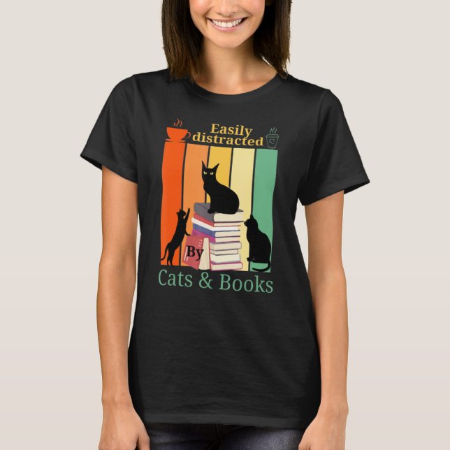 T-shirt Lecture Chat Facilement Distrait Par Chat Noir Et  (Devant)