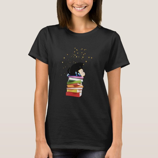 T-shirt Lecture Chat sur pile de livres (Devant)