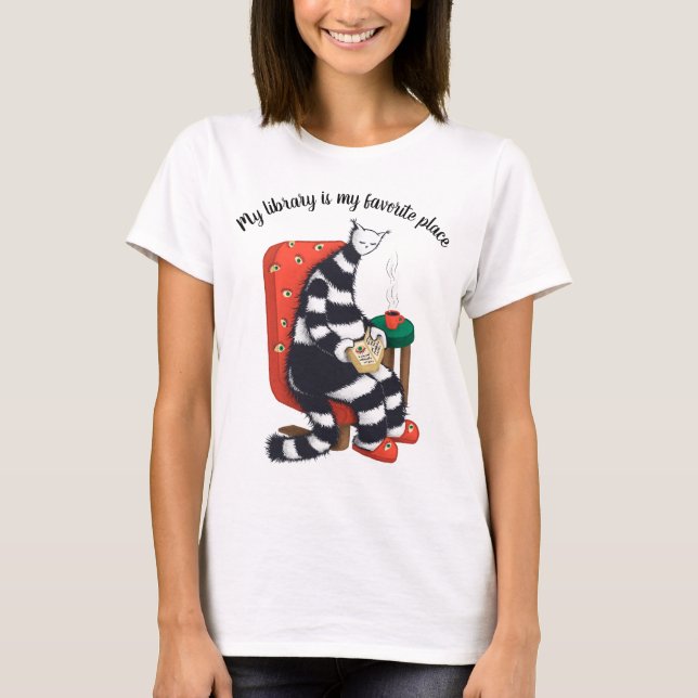 T-shirt Lecture de la bibliothèque d'amusement de chats (Devant)